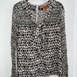 TORY BURCH blackbird print pussybow silk blouse 8
